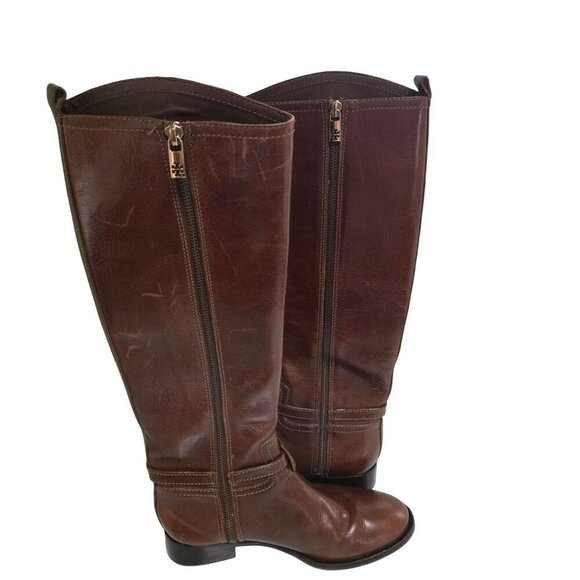Tory Burch Aaden Riding Boots Cognac Leather Gold Logo Zip Closure Size 6M - Picture 7 of 16